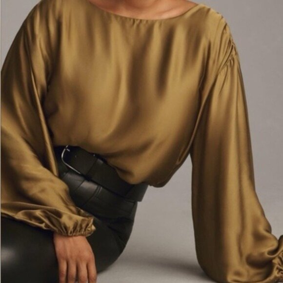 Anthropologie Tops - Anthropologie ballon sleeve silky top green  Gold Satin Blouse bohemian size M